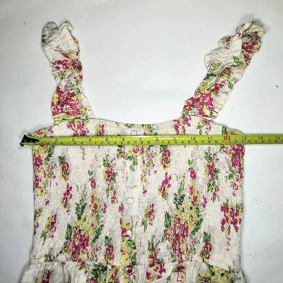 Lulus Blooming Views Beige Floral Ruffled Smock Linen/Cotton Tank Top, M, NWT - Picture 7 of 9